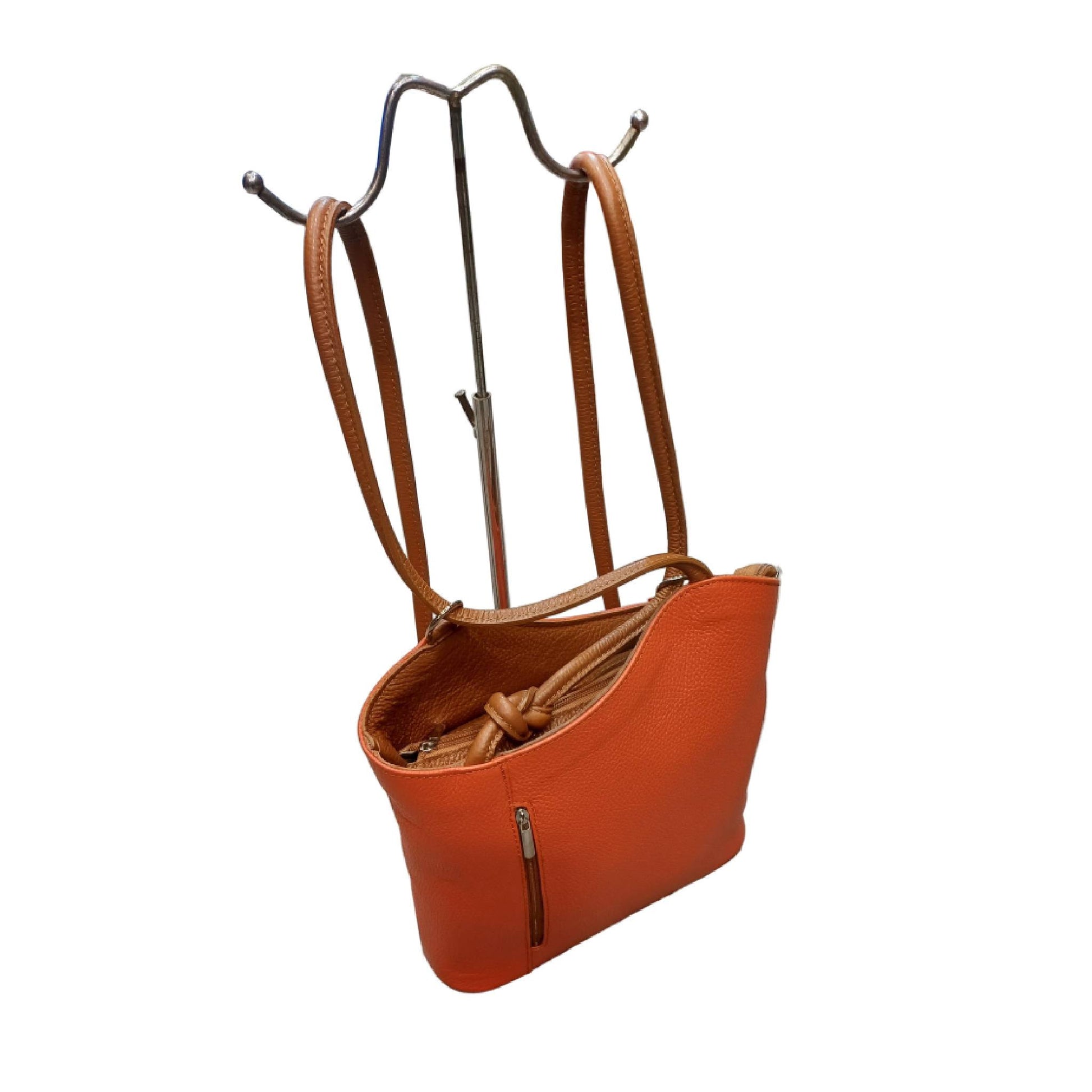a zaino borsa zaino nodo in pelle arancio e marrone vitello martellato made in italy cuoieria italiana