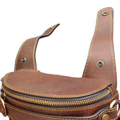aggancio chiusura centauro borsa laterale per gamba da moto in pelle marrone marsupio custodia accessorio artigianale in cuoio made in italy cuoieria italiana