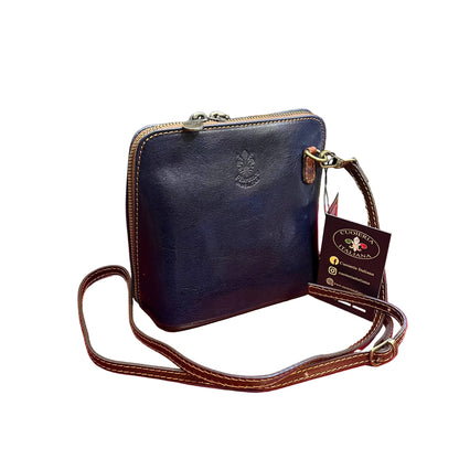 ambrosia borsa a tracolla in pelle blue navy e marrone da donna fatta a mano in cuoio made in italy cuoieria italiana