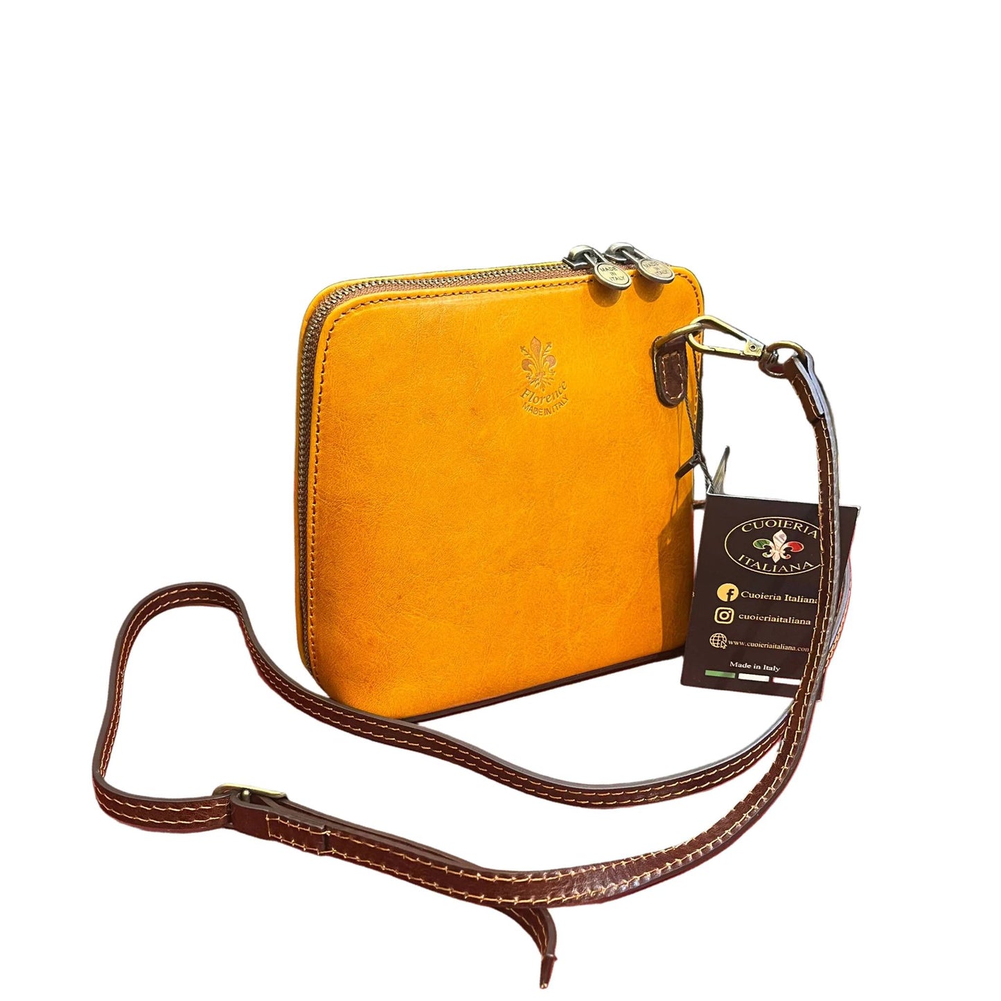 ambrosia borsa a tracolla in pelle gialla e marrone da donna fatta a mano in cuoio made in italy cuoieria italiana