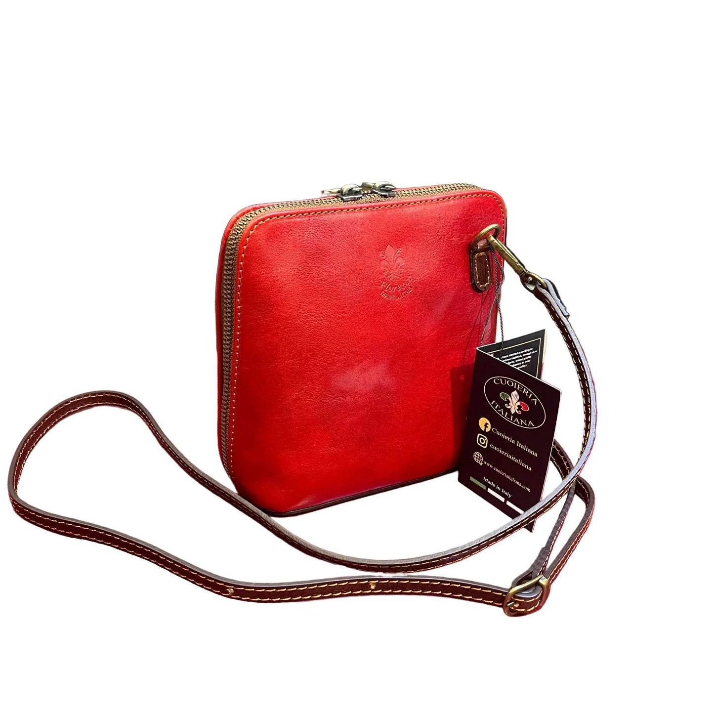 ambrosia borsa a tracolla in pelle rosso e marrone da donna fatta a mano in cuoio made in italy cuoieria italiana