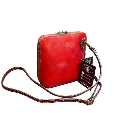 ambrosia borsa a tracolla in pelle rosso e marrone da donna fatta a mano in cuoio made in italy cuoieria italiana
