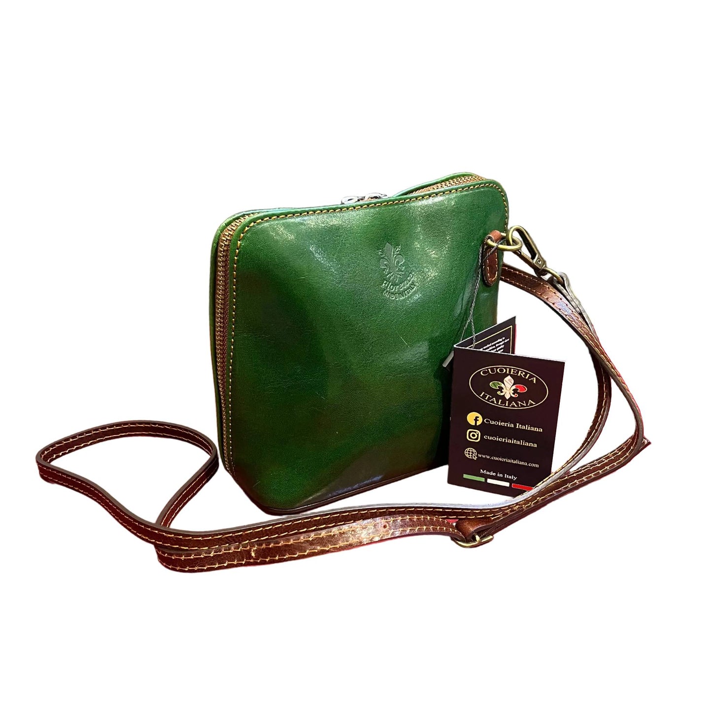 ambrosia borsa a tracolla in pelle verde e marrone da donna fatta a mano in cuoio made in italy cuoieria italiana