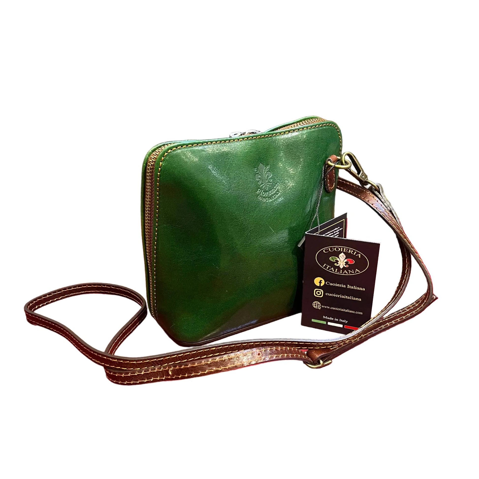 ambrosia borsa a tracolla in pelle verde e marrone da donna fatta a mano in cuoio made in italy cuoieria italiana