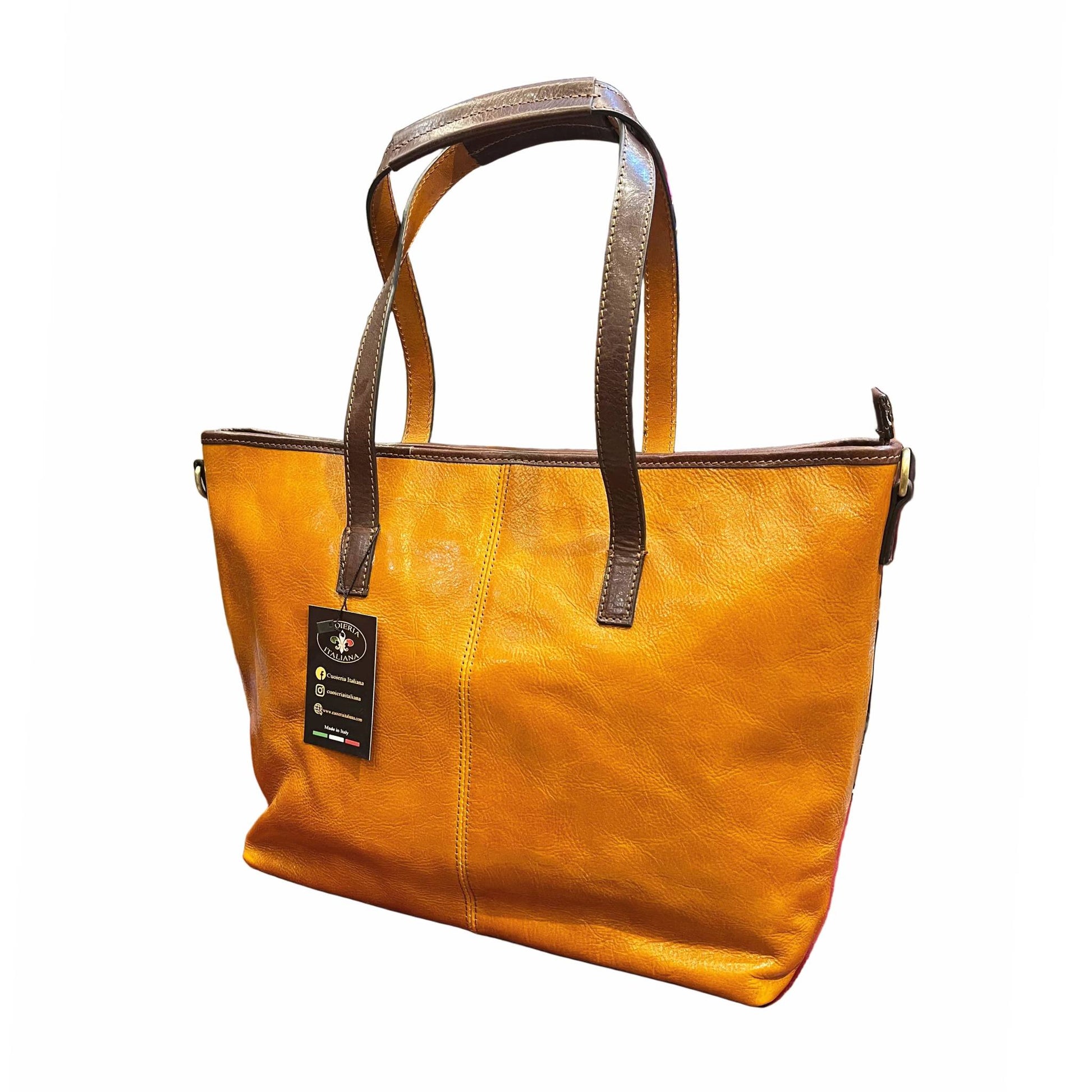 andromeda shopper da donna in pelle gialla e marrone porta computer borsa cartella artigianale made in italy cuoieria italiana