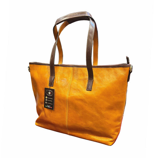 andromeda shopper da donna in pelle gialla e marrone porta computer borsa cartella artigianale made in italy cuoieria italiana