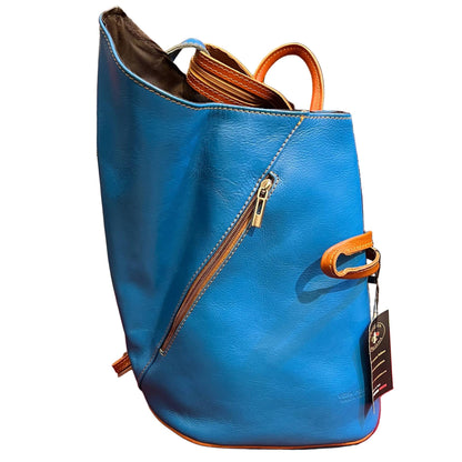 aperto zaino spallone da donna in vera pelle turchese e tinta cuoio naturale borsa fatta a mano in cuoio made in italy cuoieria italiana