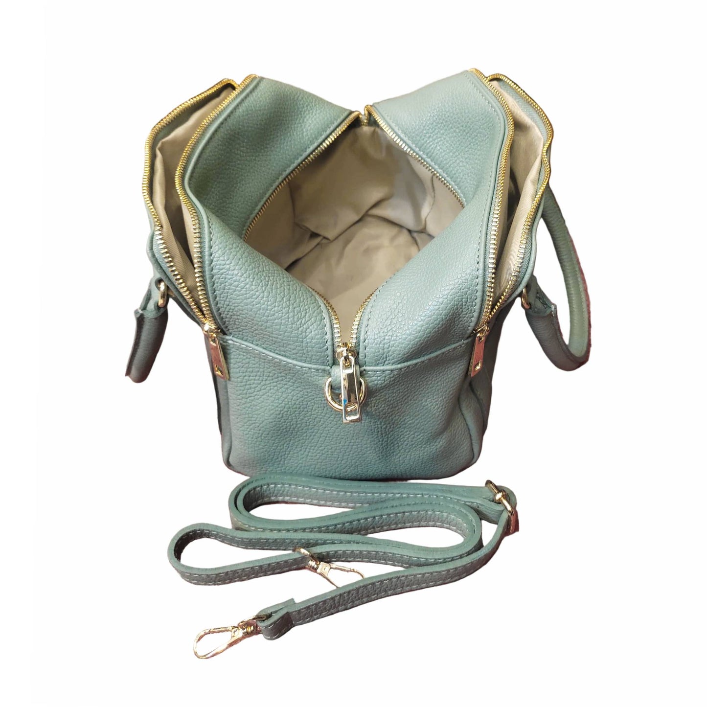 apertura centrale pegaso borsa bauletto a tracolla in pelle verde acqua da donna artigianale made in italy cuoieria italiana