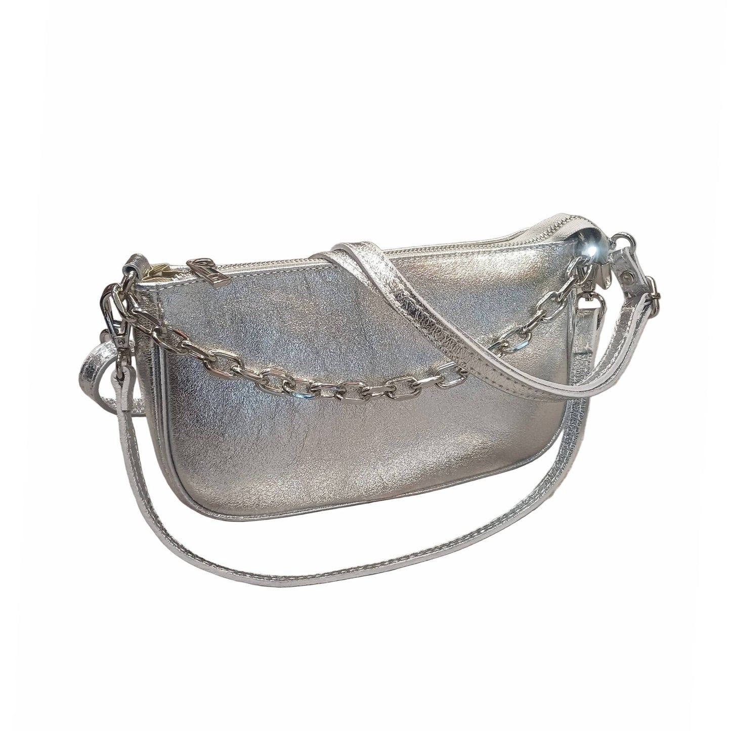apollo borsa postino a tracolla in pelle argento con catena argento da donna made in italy cuoieria italiana