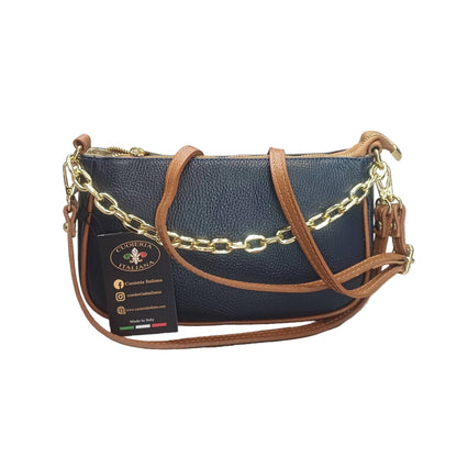 apollo borsa postino a tracolla in pelle blue navy e cuoio da donna con catena fatta a mano in cuoio made in italy cuoieria italiana