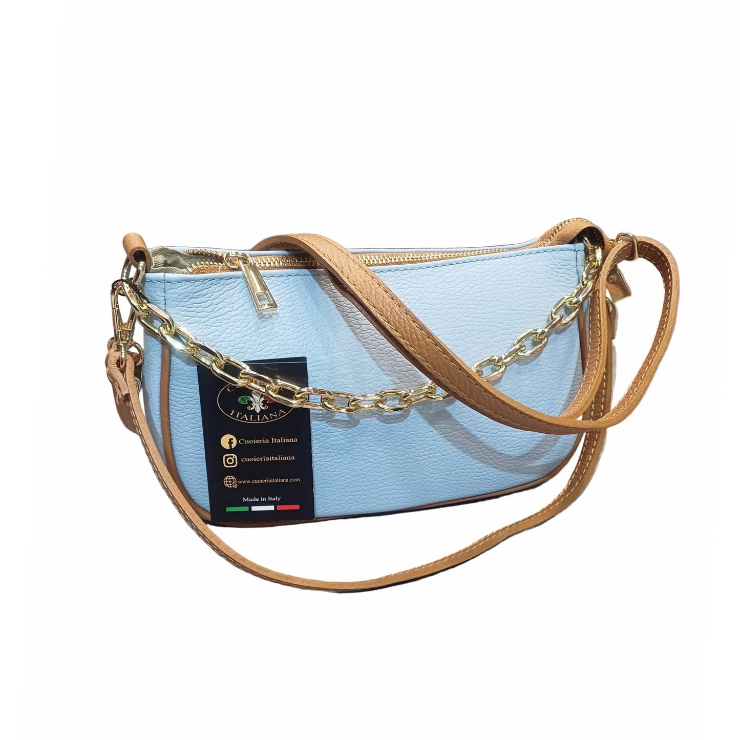 apollo borsa postino a tracolla in pelle celeste e cuoio da donna made in italy cuoieria italiana