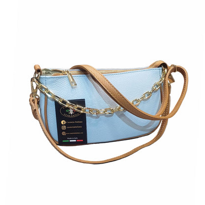 apollo borsa postino a tracolla in pelle celeste e cuoio da donna made in italy cuoieria italiana