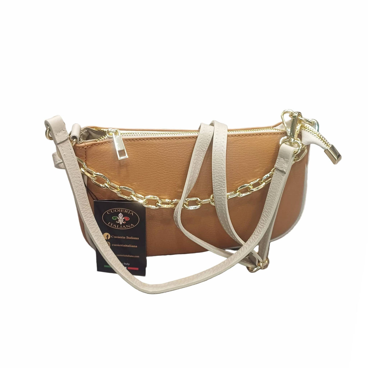 apollo borsa postino a tracolla in pelle cuoio e panna da donna con catena fatta a mano in cuoio made in italy cuoieria italiana