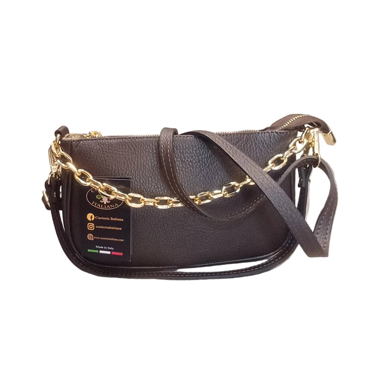 apollo borsa postino a tracolla in pelle marrone testa di moro da donna con catena fatta a mano in cuoio made in italy cuoieria italiana