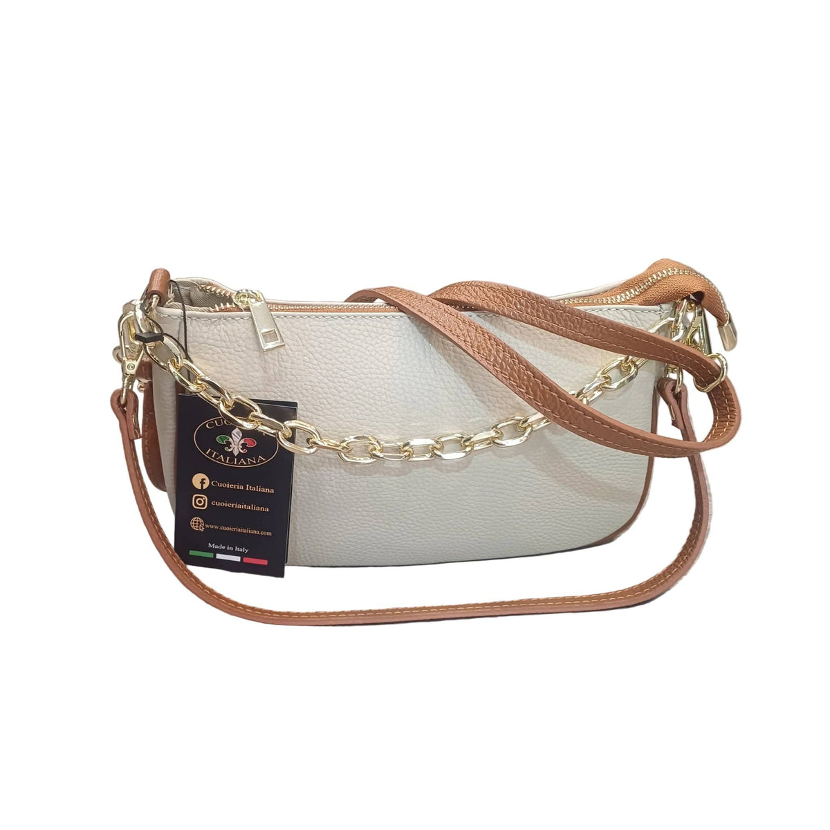 apollo borsa postino a tracolla in pelle panna e cuoio da donna con catena fatta a mano in cuoio made in italy cuoieria italiana