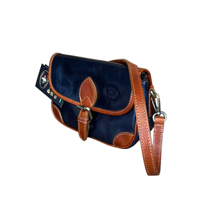 ares postino compatta in pelle blue navy e cuoio da donna con maniglia e tracolla made in italy cuoieria italiana