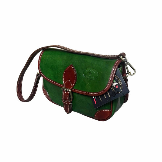 ares postino compatta in pelle verde e marrone da donna con maniglia e tracolla made in italy cuoieria italiana