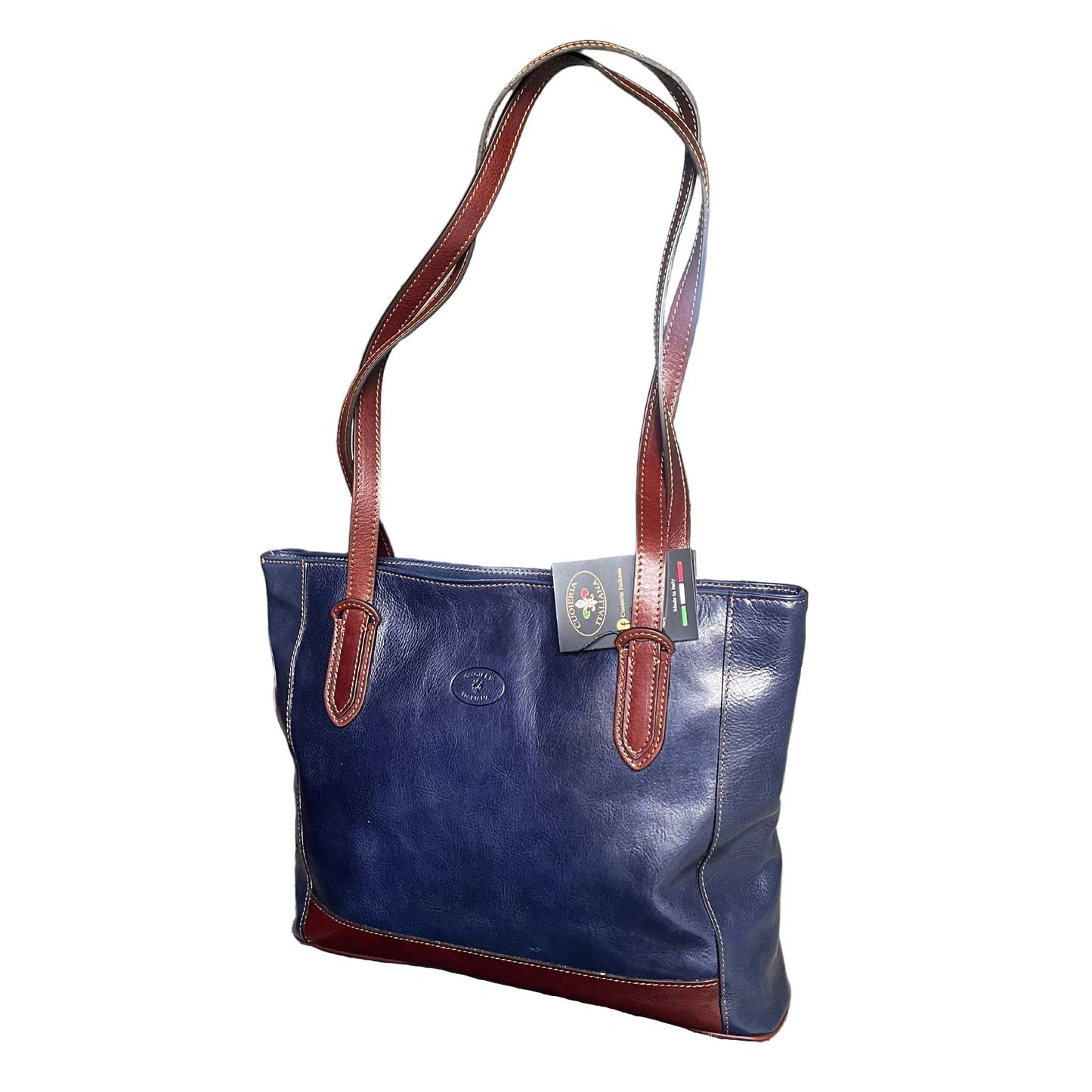 artemis shopper in pelle blue navy e marrone da donna porta computer borsa in cuoio made in italy cuoieria italiana