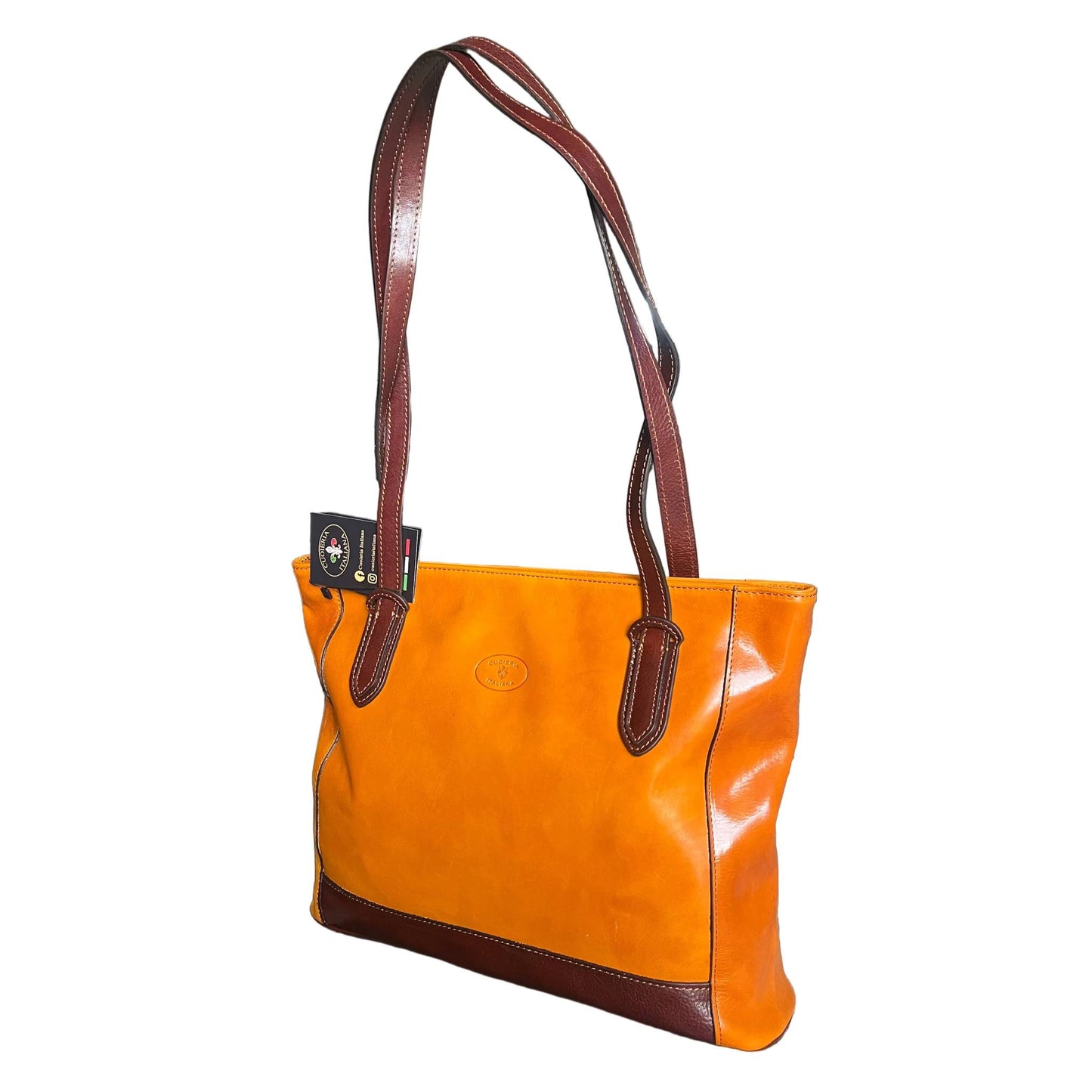 artemis shopper in pelle gialla e marrone da donna porta computer borsa in cuoio made in italy cuoieria italiana