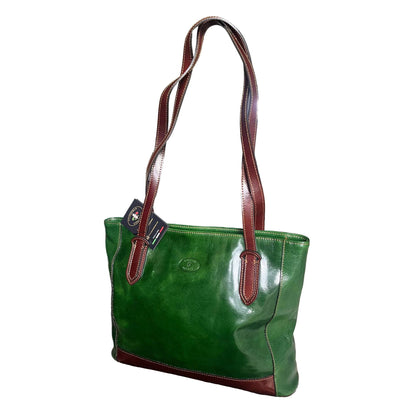 artemis shopper in pelle verde e marrone da donna porta computer borsa in cuoio made in italy cuoieria italiana