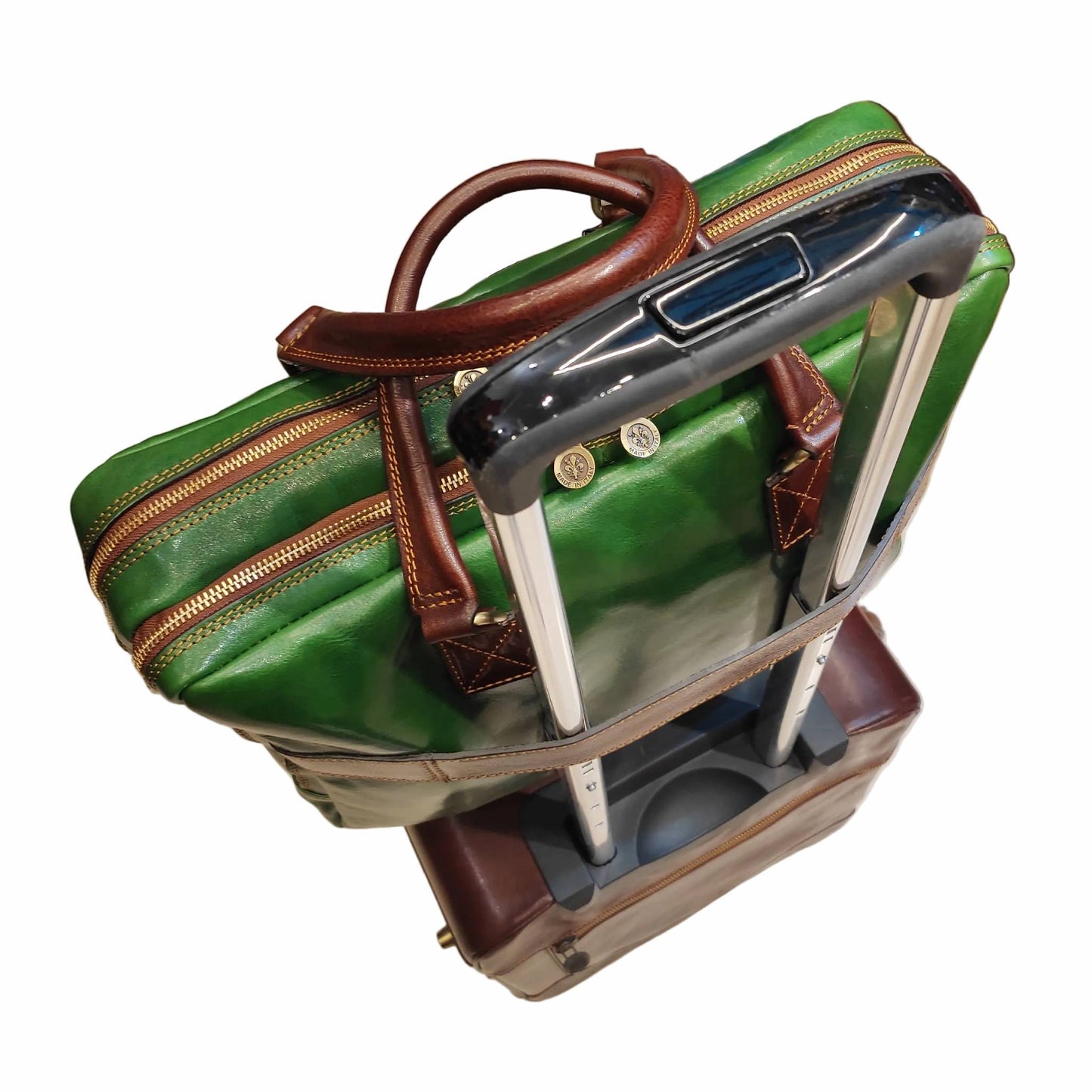 attacco trolley valigia fenix cartella in pelle verde e marrone borsa porta computer a doppio scomparto made in Italy cuoieria italiana
