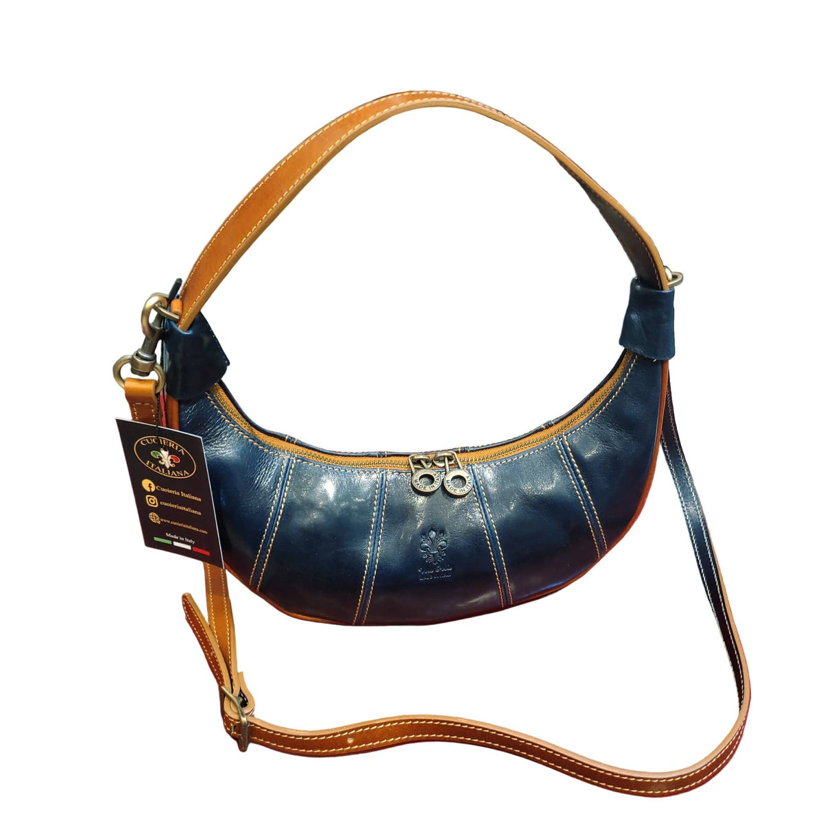 bananina borsa piccola in pelle blue navy e cuoio da donna borsa a tracolla in cuoio made in italy cuoieria italiana