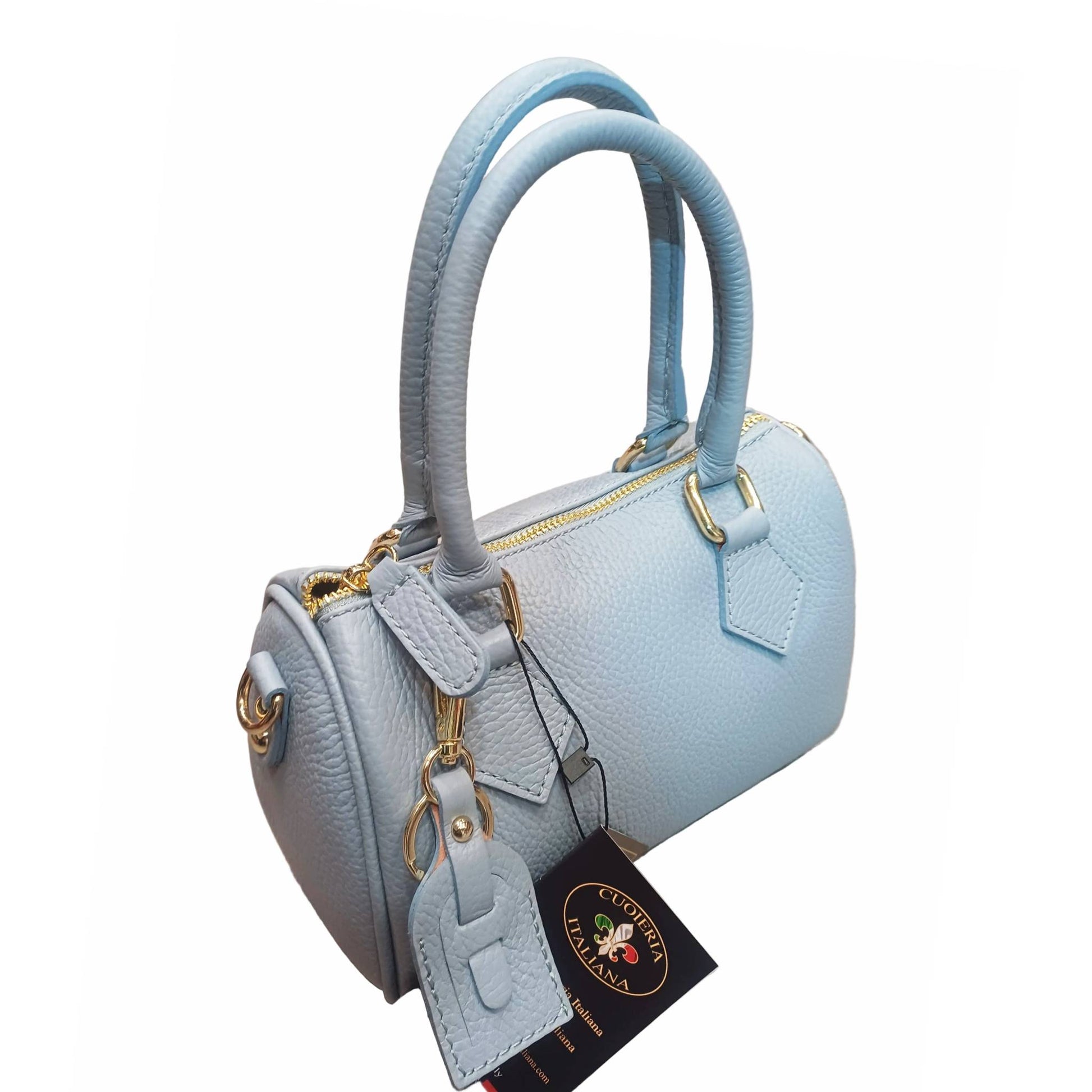 bauletto celeste in vitello martellato da donna borsa in pelle made in italy cuoieria italiana