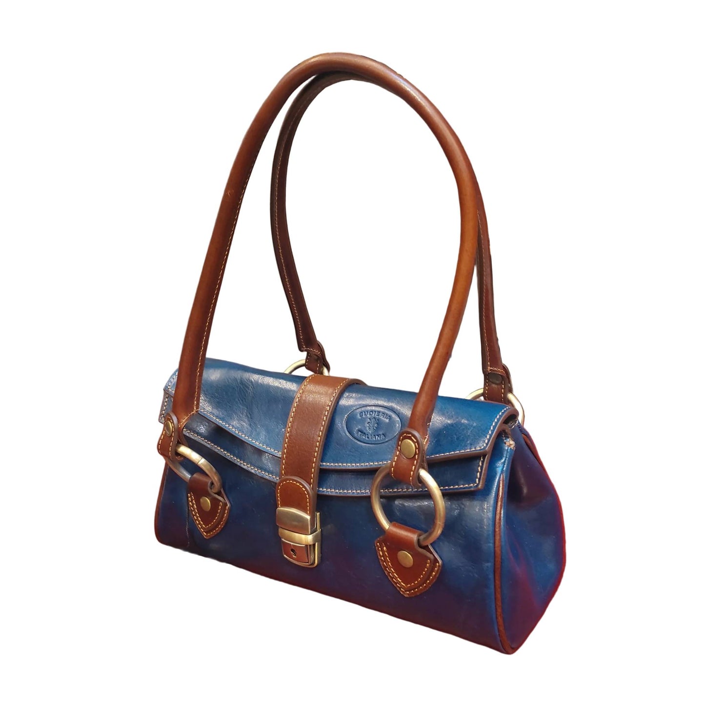bauletto rustico borsa a mano in pelle blue navy e marrone da donna made in italy cuoieria italiana