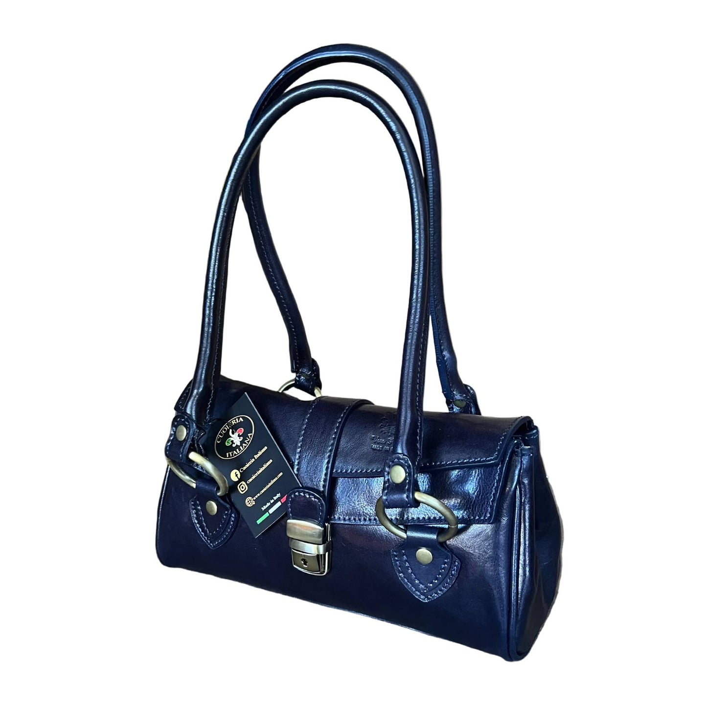 bauletto rustico borsa a mano in pelle blue navy scuro da donna made in italy cuoieria italiana