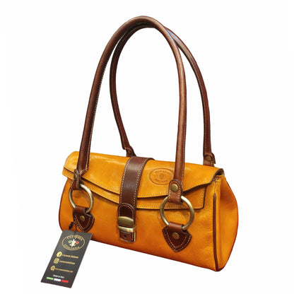 bauletto rustico borsa a mano in pelle giallo e marrone da donna made in italy cuoieria italiana