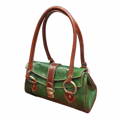 bauletto rustico borsa a mano in pelle verde e marrone da donna made in italy cuoieria italiana
