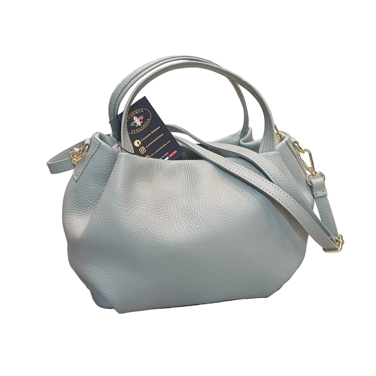 baulotto a mano in vitello martellato da donna borsa in pelle grigio chiaro fatta a mano made in italy cuoieria italiana