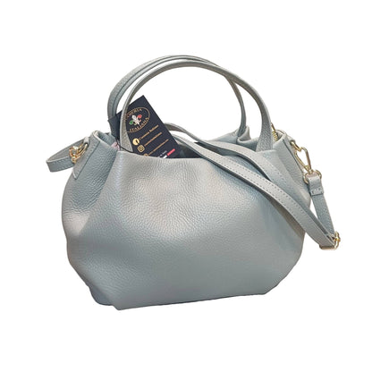 baulotto a mano in vitello martellato da donna borsa in pelle grigio chiaro fatta a mano made in italy cuoieria italiana