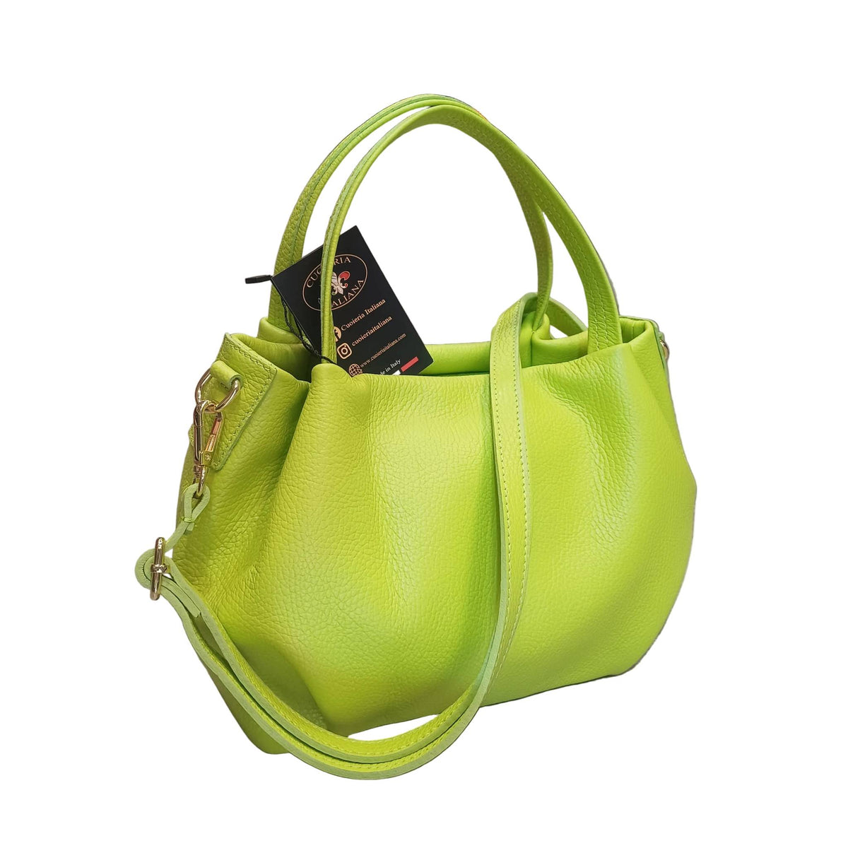 baulotto a mano in vitello martellato da donna borsa in pelle verde lime fatta a mano made in italy cuoieria italiana