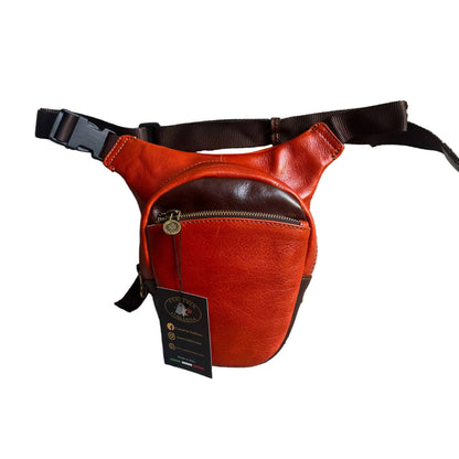 biker borsa laterale per gamba da moto in pelle arancione e marrone borsello marsupio custodia accessorio artigianale in cuoio made in italy cuoieria italiana