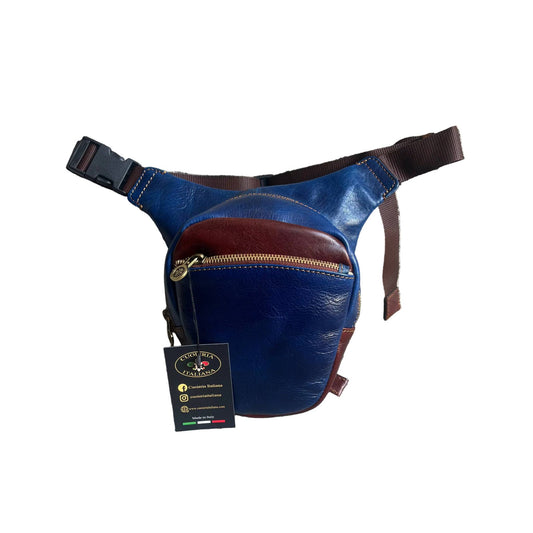 biker borsa laterale per gamba da moto in pelle blue navy e marrone borsello marsupio custodia accessorio artigianale in cuoio made in italy cuoieria italiana