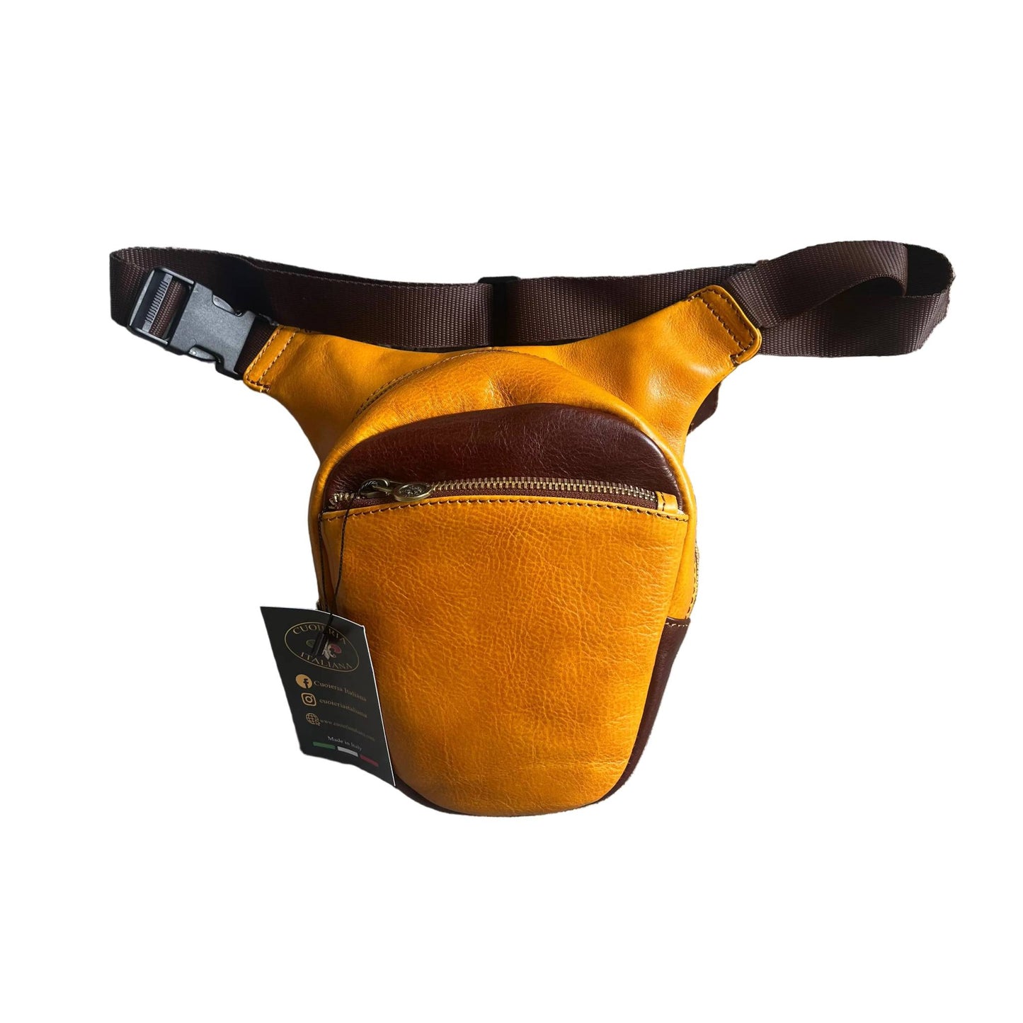biker borsa laterale per gamba da moto in pelle gialla e marrone borsello marsupio custodia accessorio artigianale in cuoio made in italy cuoieria italiana