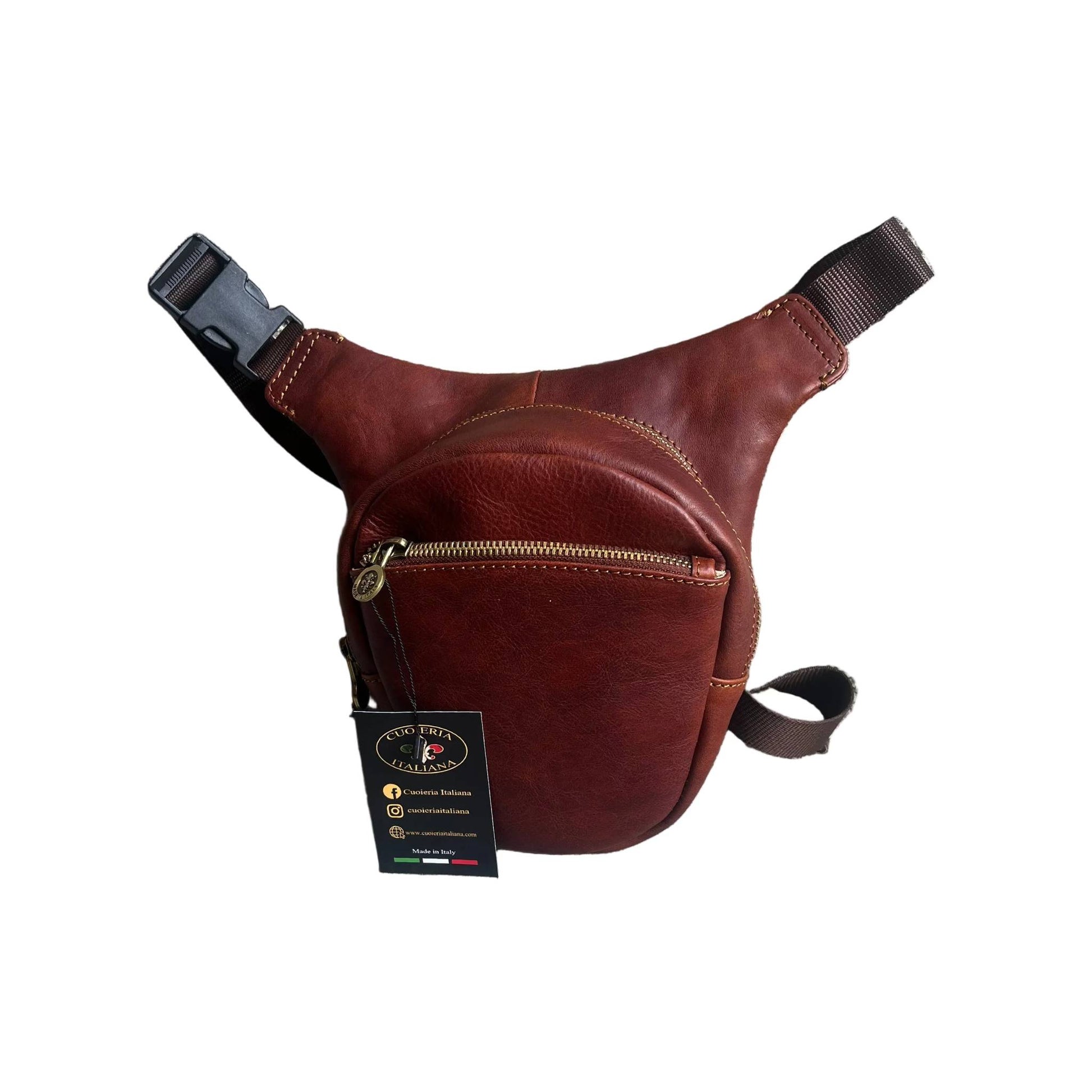 biker borsa laterale per gamba da moto in pelle marrone opaco borsello marsupio custodia accessorio artigianale in cuoio made in italy cuoieria italiana