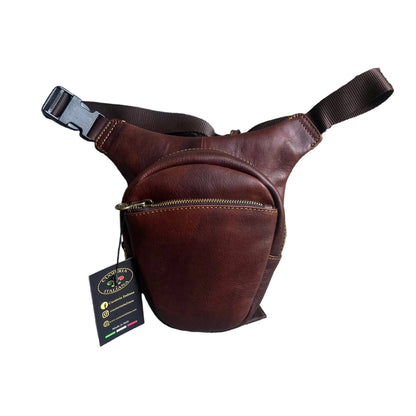 biker borsa laterale per gamba da moto in pelle marrone testa di moro borsello marsupio custodia accessorio artigianale in cuoio made in italy cuoieria italiana