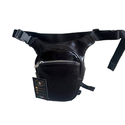biker borsa laterale per gamba da moto in pelle nera borsello marsupio custodia accessorio artigianale in cuoio made in italy cuoieria italiana
