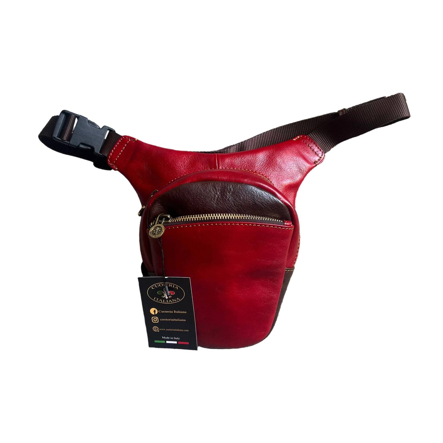 biker borsa laterale per gamba da moto in pelle rossa e marrone borsello marsupio custodia accessorio artigianale in cuoio made in italy cuoieria italiana