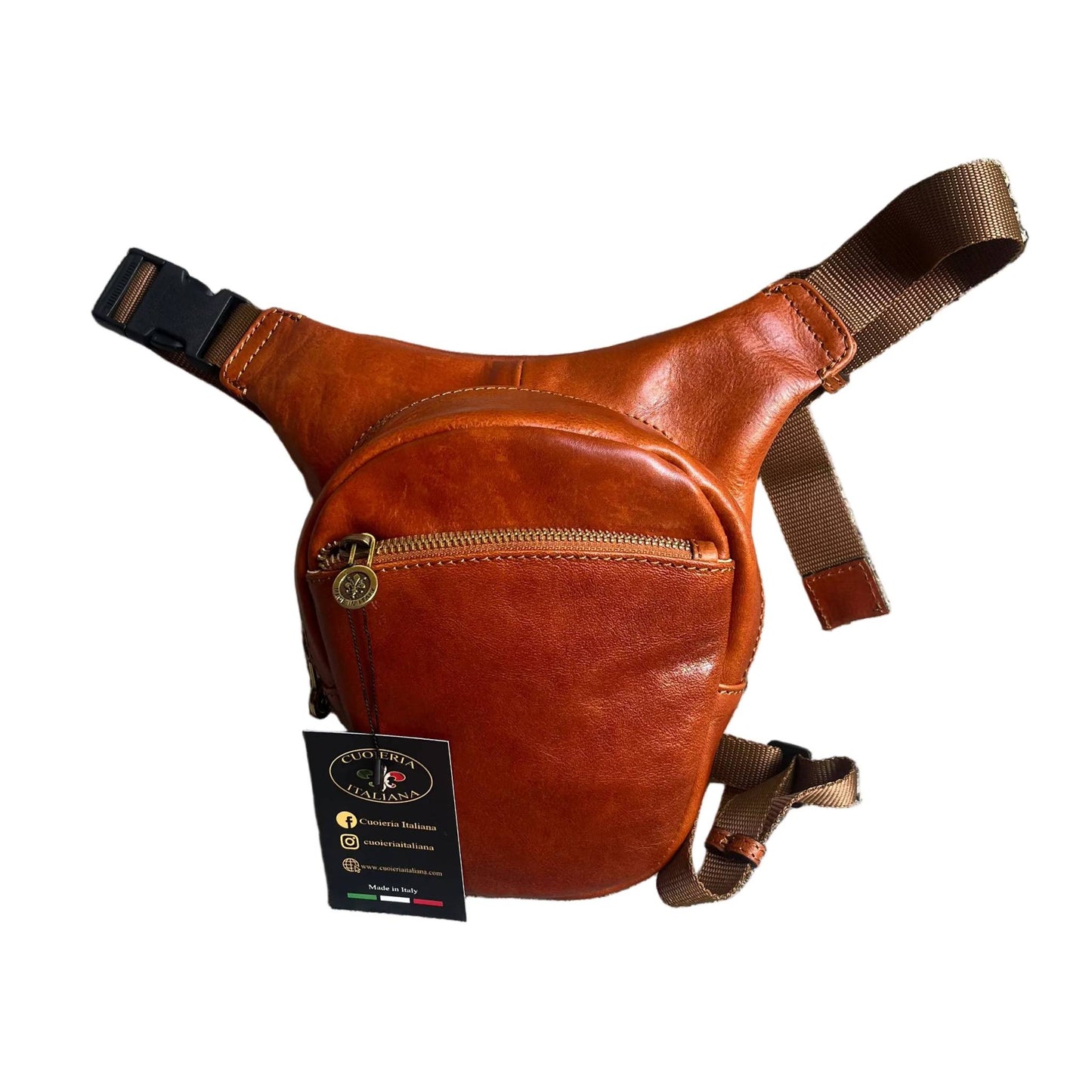 biker borsa laterale per gamba da moto in pelle tinta cuoio naturale borsello marsupio custodia accessorio artigianale in cuoio made in italy cuoieria italiana