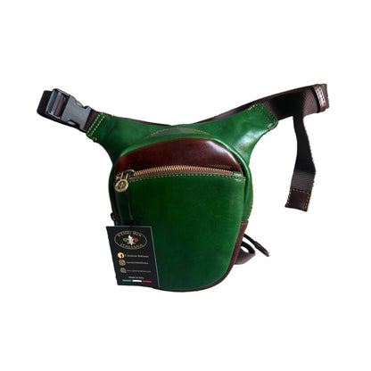 biker borsa laterale per gamba da moto in pelle verde e marrone borsello marsupio custodia accessorio artigianale in cuoio made in italy cuoieria italiana