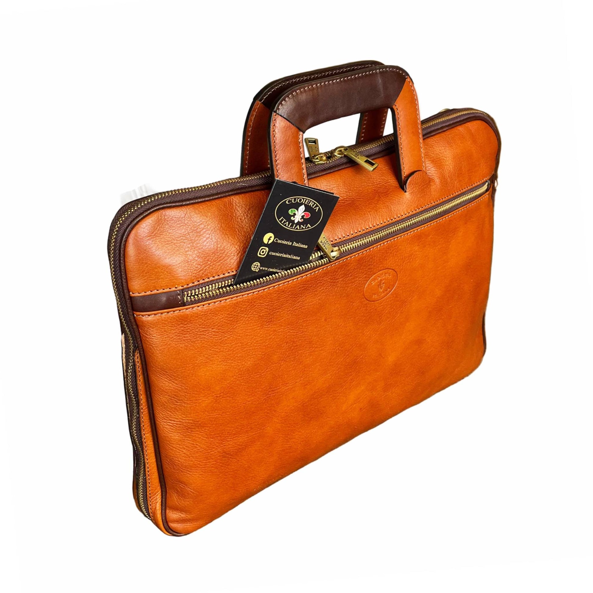borsa cartella porta pc in pelle cuoio naturale da uomo sottile con manici a scomparsa made in italy cuoieria italiana