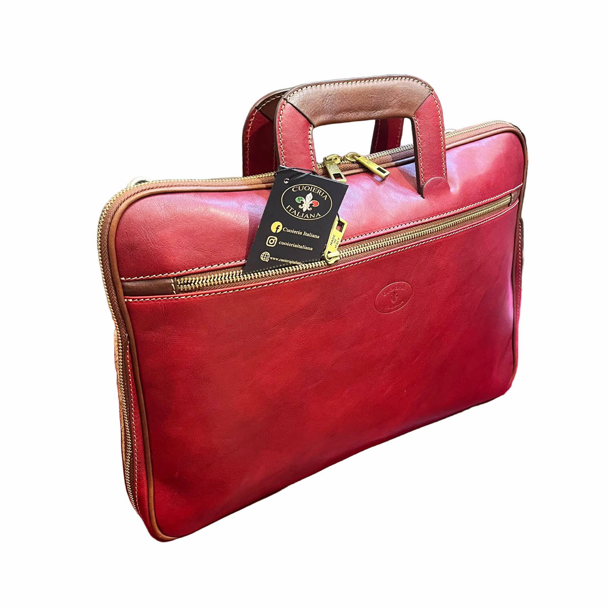 borsa cartella porta pc in pelle rossa da uomo sottile con manici a scomparsa made in italy cuoieria italiana