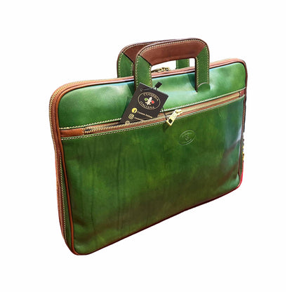 borsa cartella porta pc in pelle verde da uomo sottile con manici a scomparsa made in italy cuoieria italiana