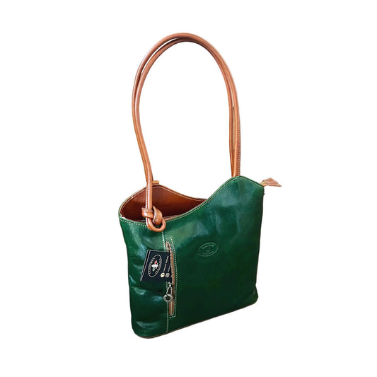 borsa e zaino verde e cuoio naturale nodo in pelle vacchetta artigianale made in italy cuoieria italiana