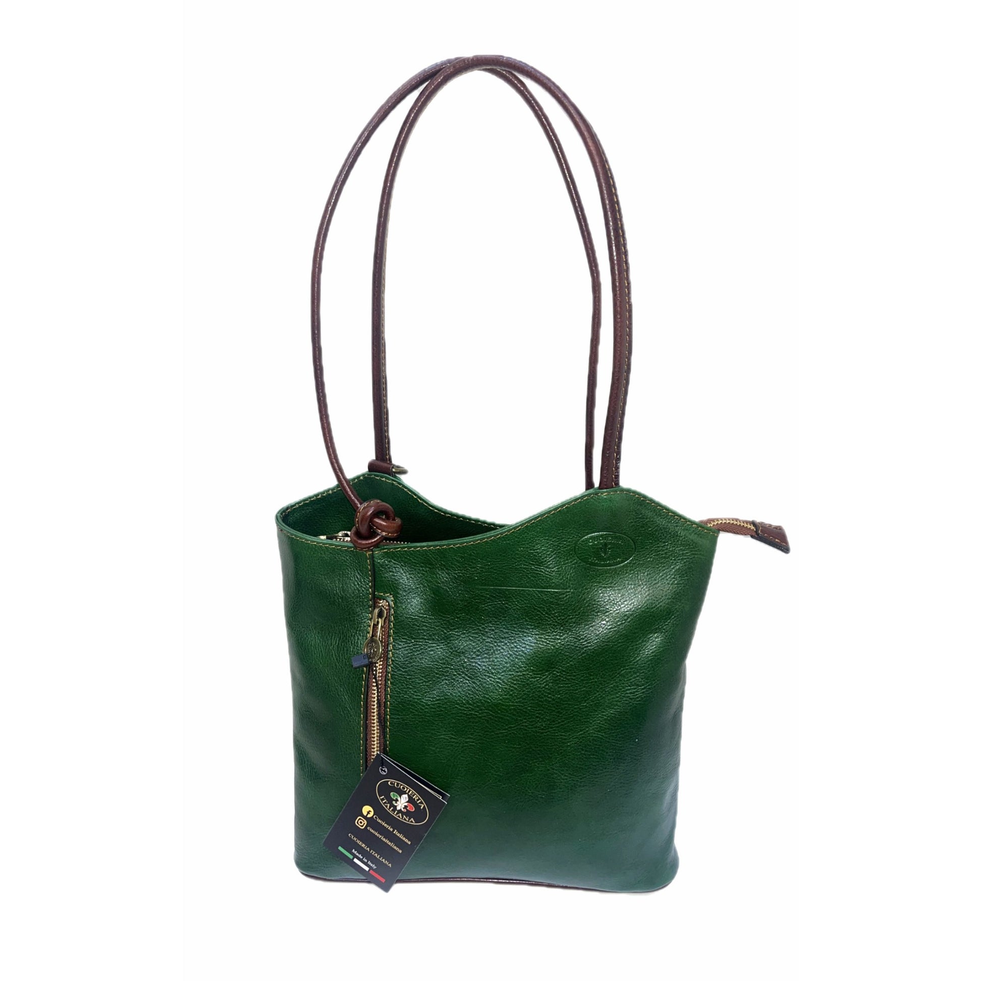 borsa e zaino verde e marrone nodo in pelle vacchetta artigianale made in italy cuoieria italiana
