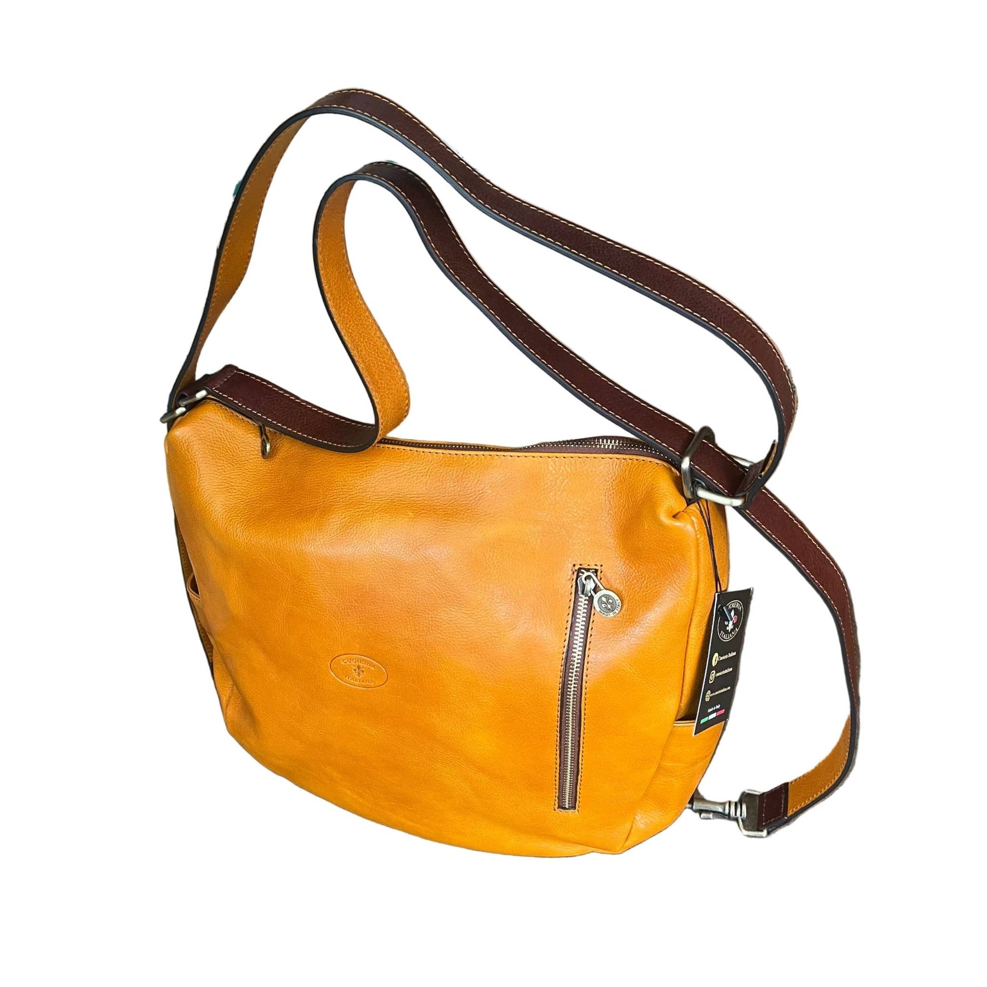 borsa zaino da donna in cuoio gialla e marrone vera pelle artigianale made in italy cuoieria italiana