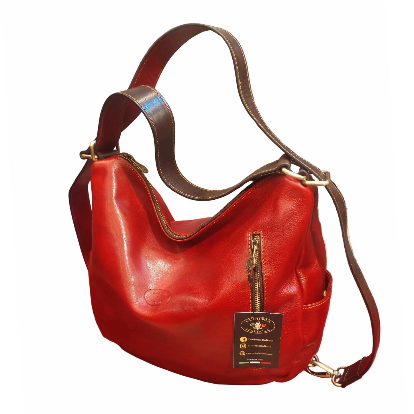borsa zaino da donna in cuoio rossa e marrone vera pelle artigianale made in italy cuoieria italiana